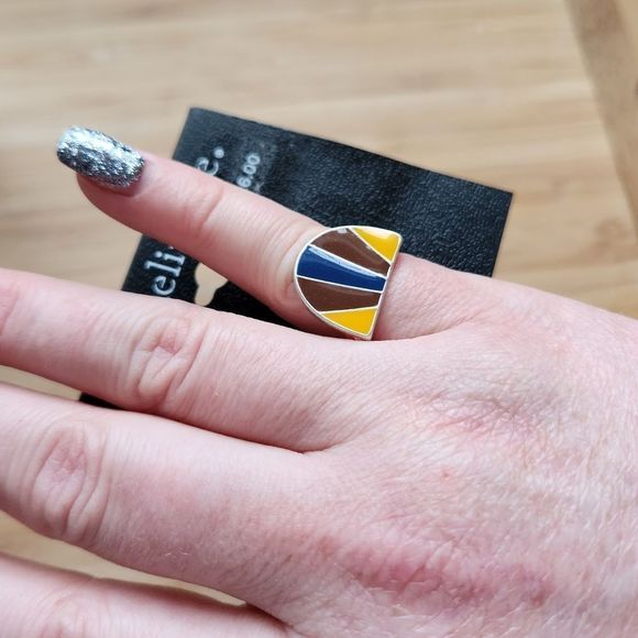 Ophelia Roe abstract desert sunburst enamel silver tone cocktail ring size 8 - Picture 3 of 3